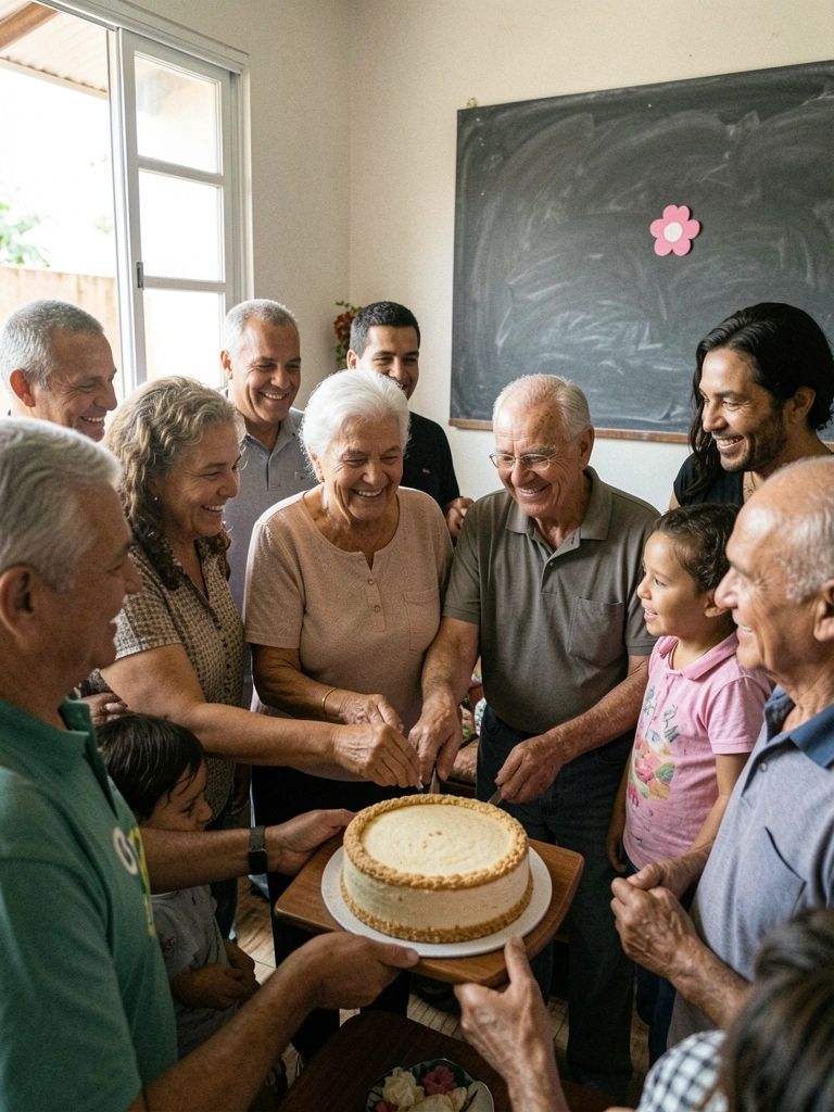 Família reunida em volta de um casal de idosos cortando um bolo de aniversário de casamento.