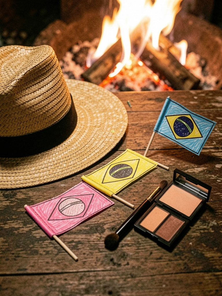 Mesa com produtos de maquiagem, bandeirinhas coloridas e chapéu de palha, com fogueira ao fundo.