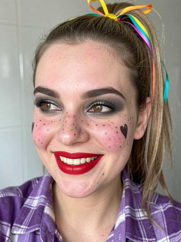 Modelo com blush marcado, sardinhas falsas, batom vermelho e vestido xadrez.