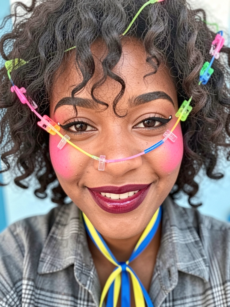 Mulher com maquiagem de festa junina, pele glow e blush marcado nas bochechas.