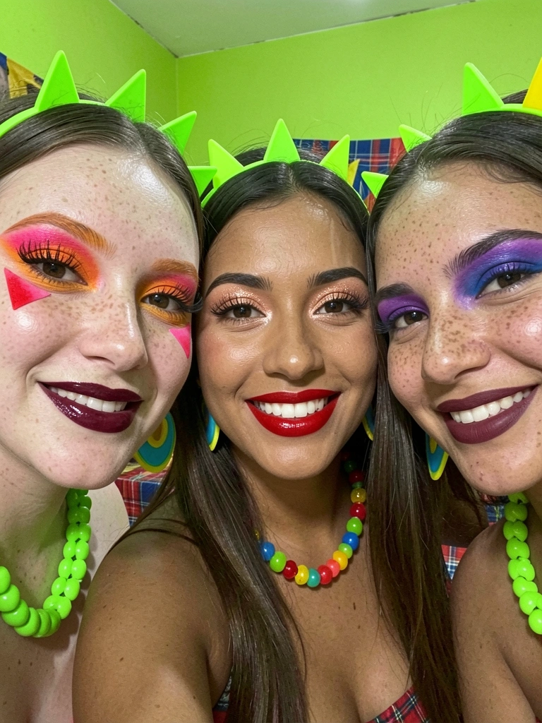 Três mulheres com maquiagens coloridas de festa junina, exibindo sardas falsas e batom vibrante.