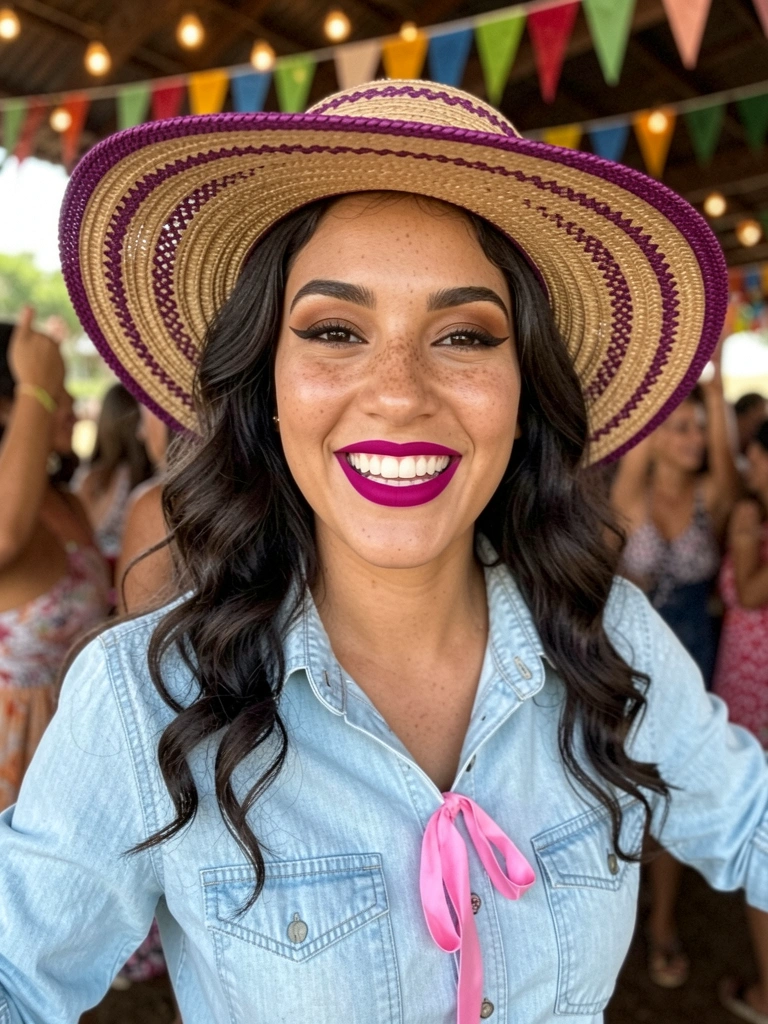 Mulher dança em arraial com maquiagem intacta, vestindo roupas típicas.