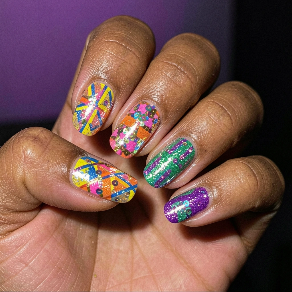 Mãos com unhas pintadas de esmalte vermelho e branco em padrão xadrez, segurando uma fita colorida.