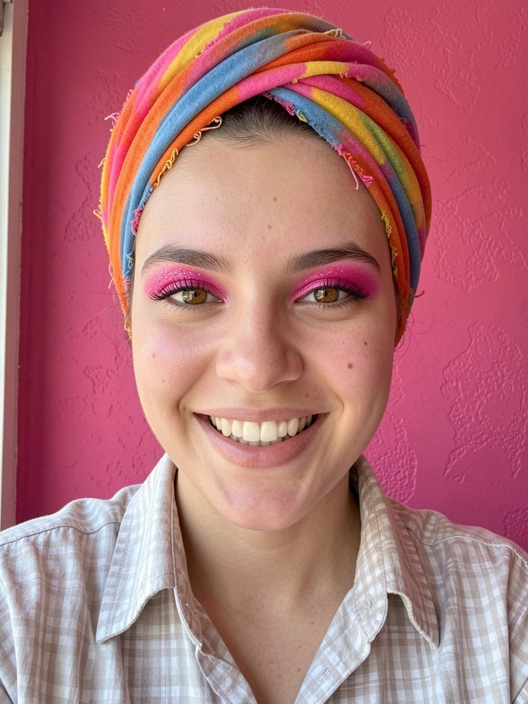 Mulher com maquiagem colorida e turbante, olhando para a câmera.