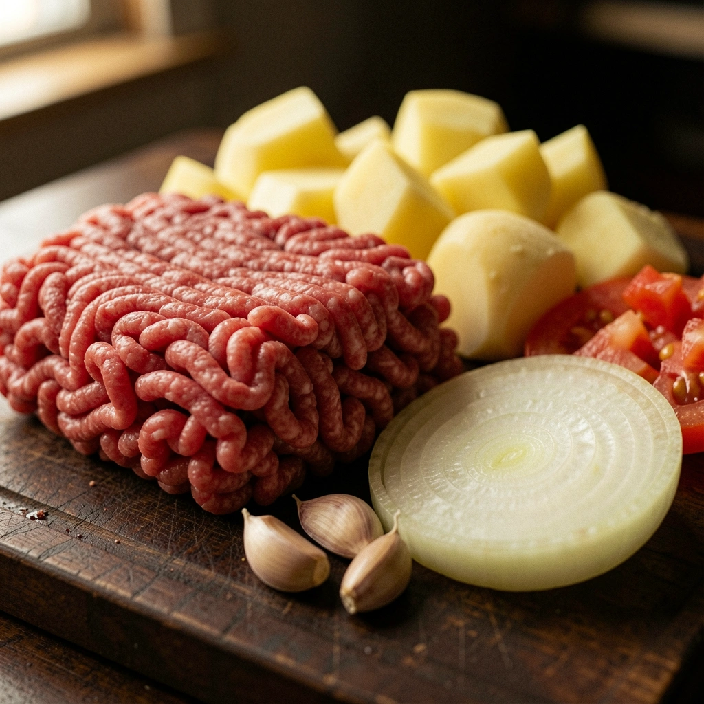 Carne moída, batatas, alho, cebola e tomate sobre uma tábua de madeira.