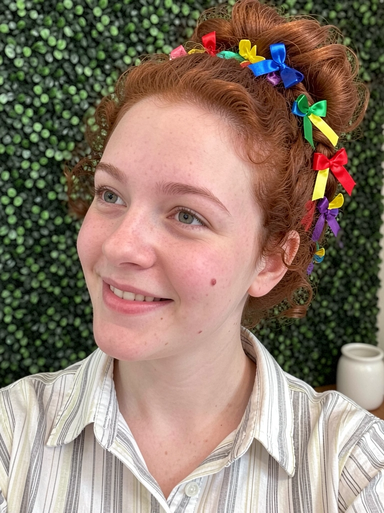 Mulher com cabelos cacheados presos em coque com trança embutida e fitas coloridas.