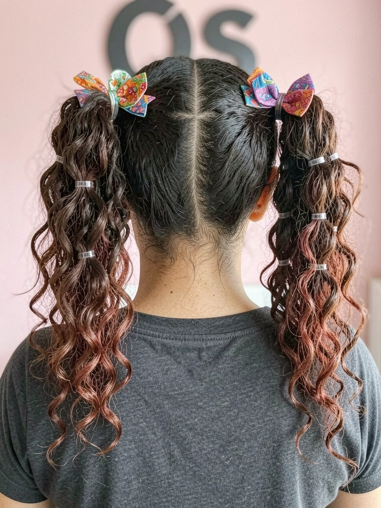 Duas marias-chiquinhas em cabelo cacheado com ondas marcadas e laços de chita.