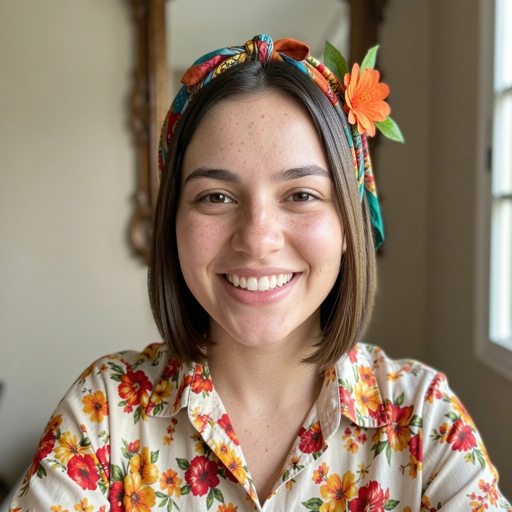 Cabelo curto liso com lenço amarrado na cabeça e flor artificial