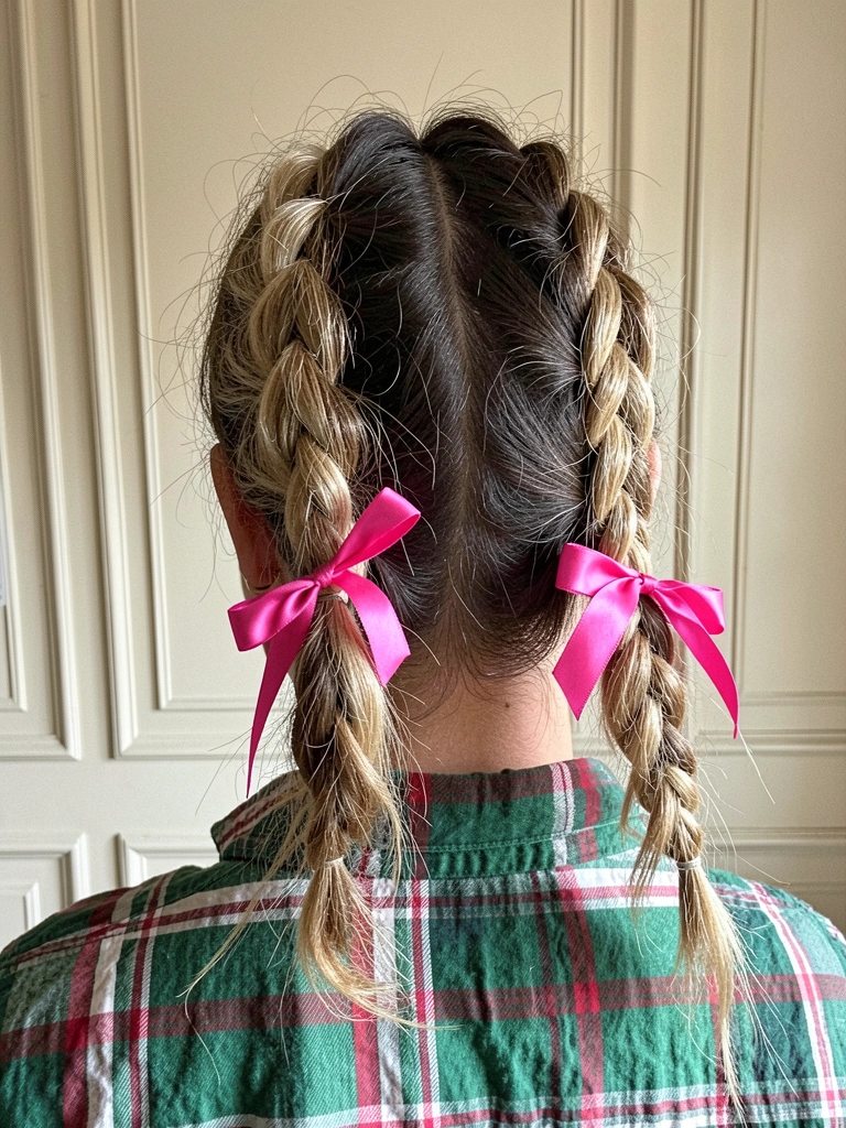 Coque baixo despojado em cabelo curto com grampos decorativos e fitas coloridas.