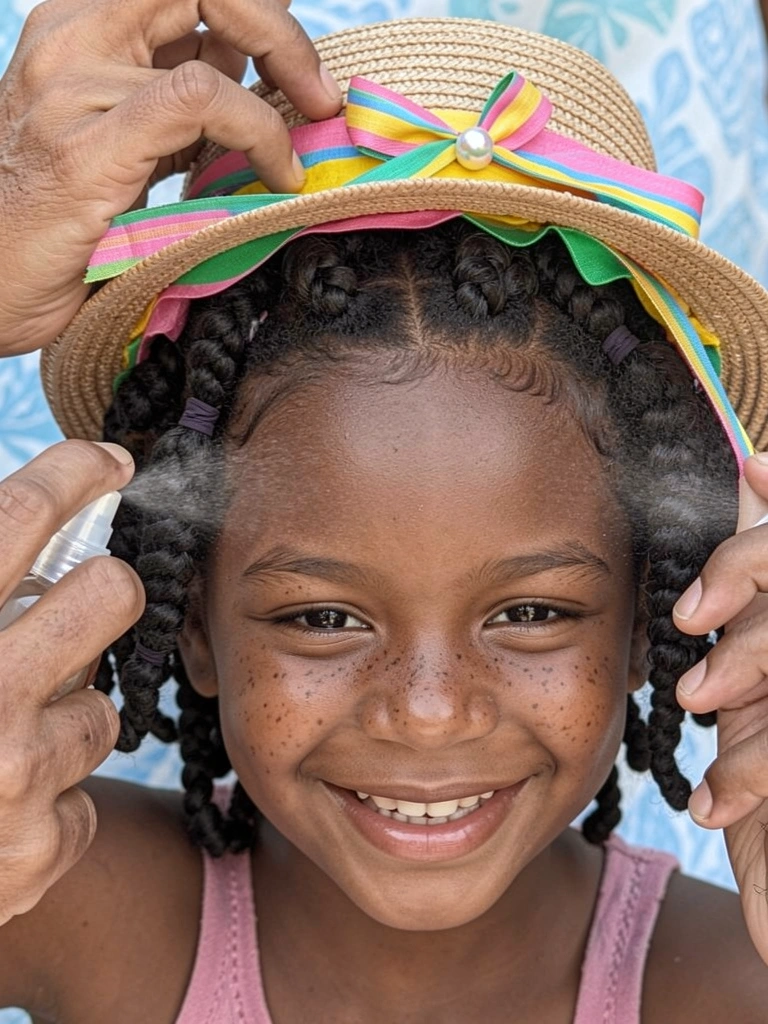 Mãos borrifam spray fixador em penteado com fitas coloridas.