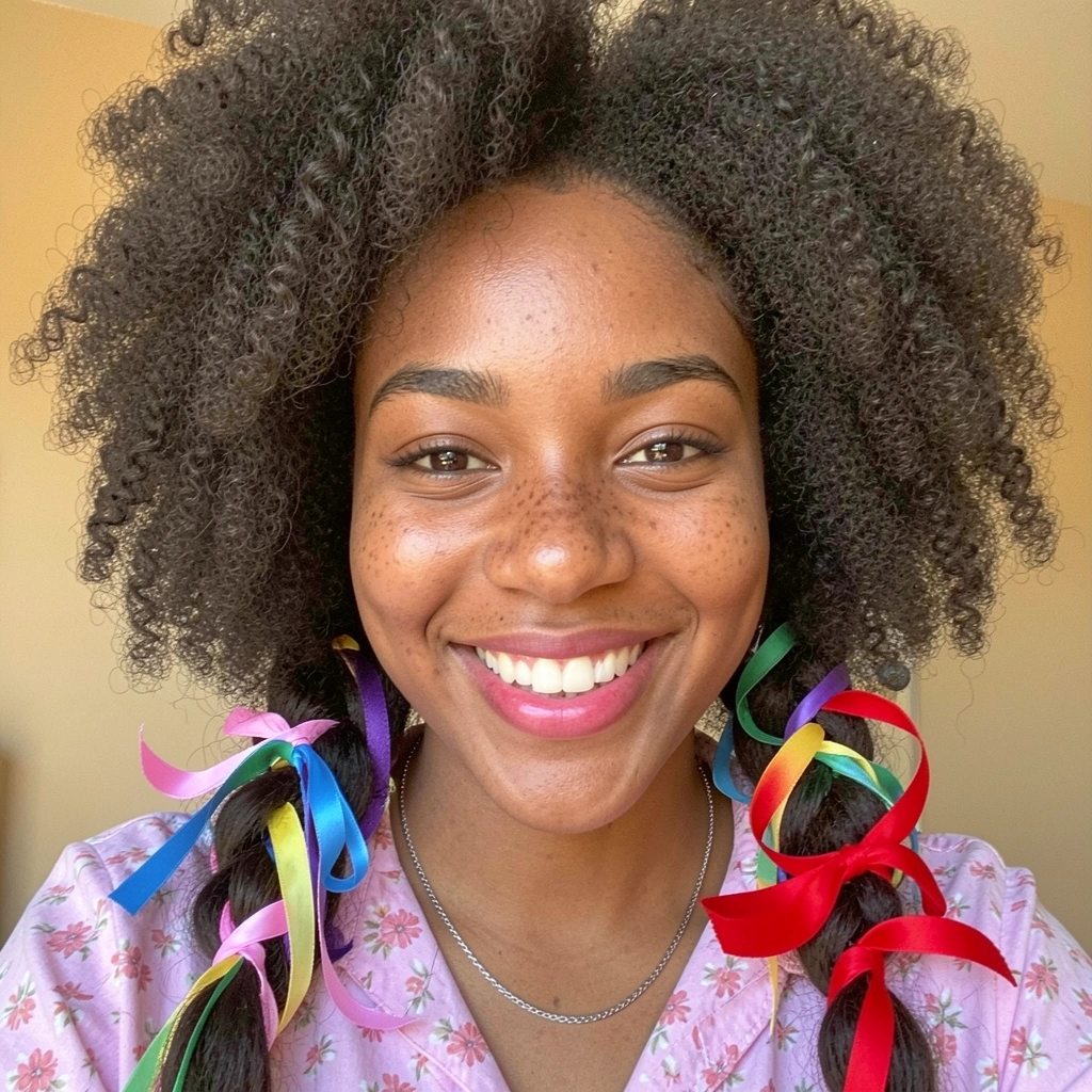 Fita vermelha trançada envolvendo o cabelo em volta da cabeça.