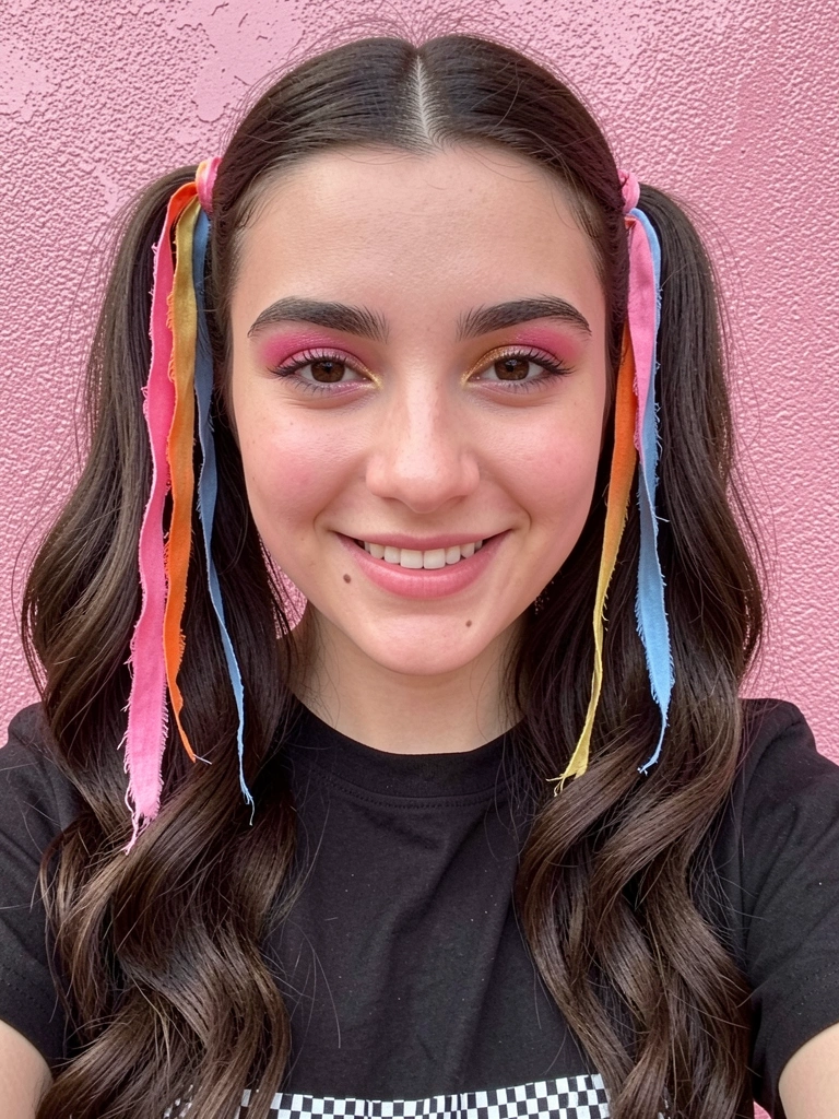 Duas marias-chiquinhas com ondas definidas e fitas coloridas nas pontas.