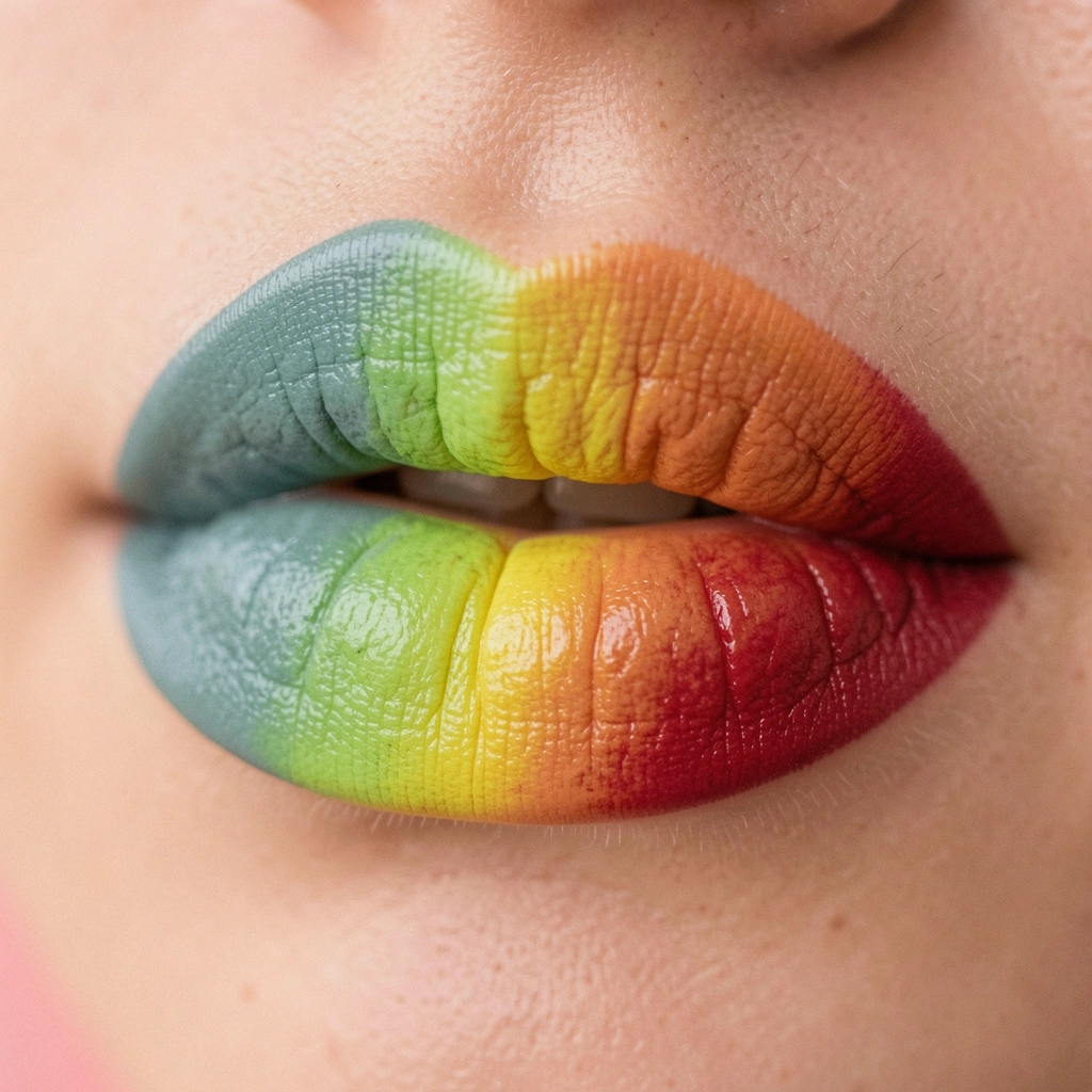 Close-up de lábios com maquiagem em degradê arco-íris, cores vibrantes.