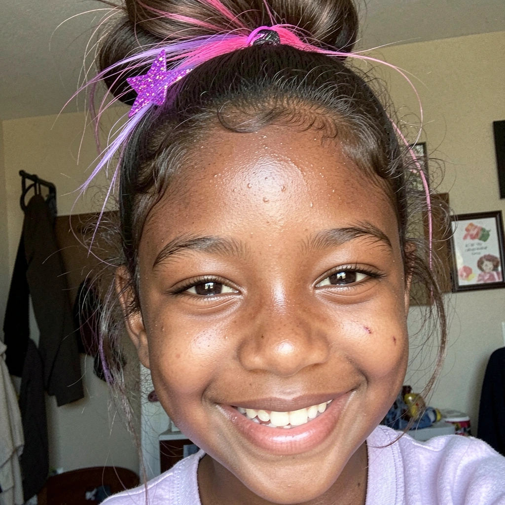 Menina com cabelo colorido e enfeites sorrindo.