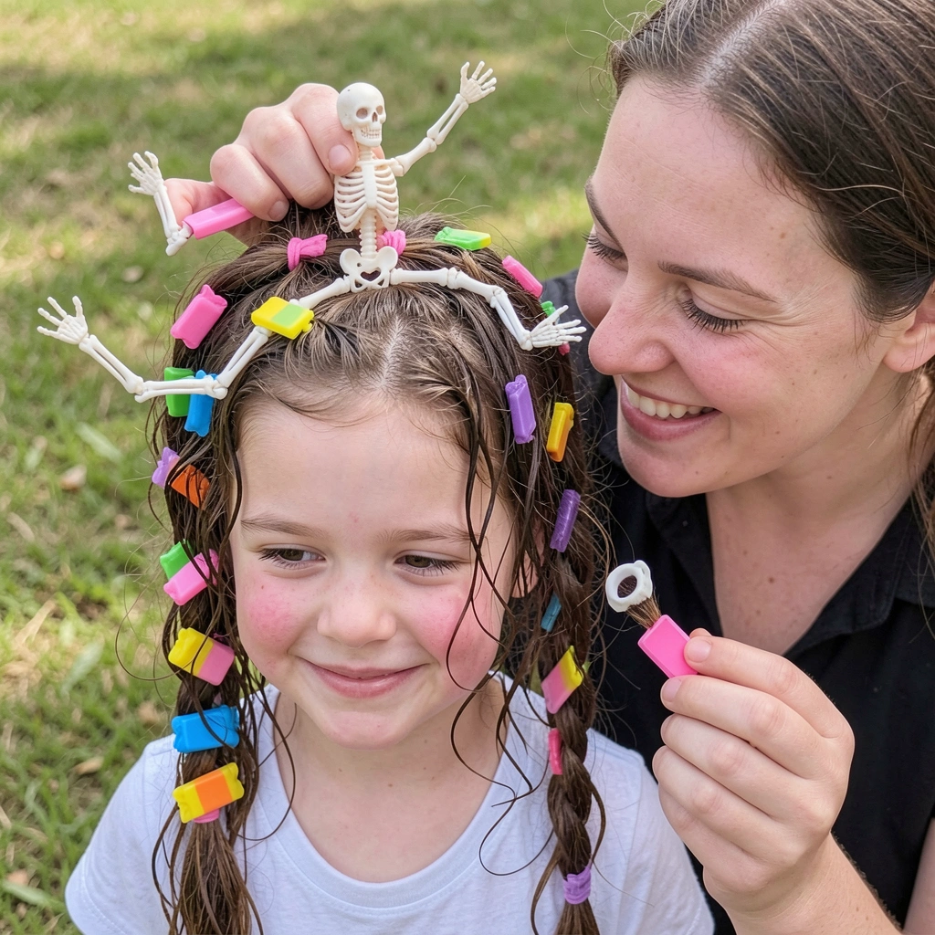 Mãe penteia o cabelo da filha, ambas sorrindo em um quarto claro.