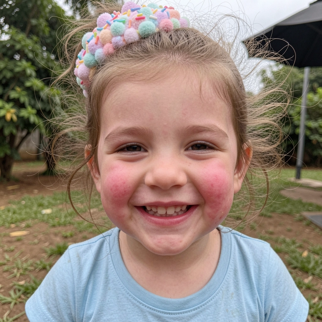 Cabelo de cupcake com pompons coloridos e confeitos sobre o cabelo.