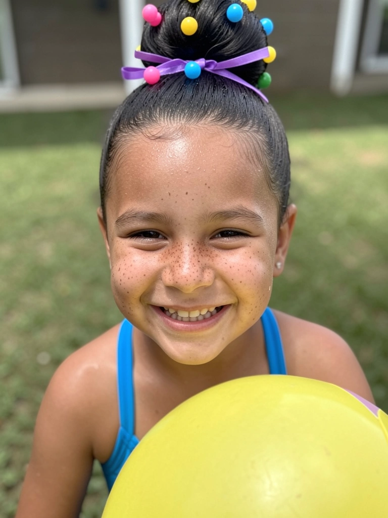 Menina com cabelo preso em coque alto decorado como cupcake, com confeitos coloridos e cereja no topo.