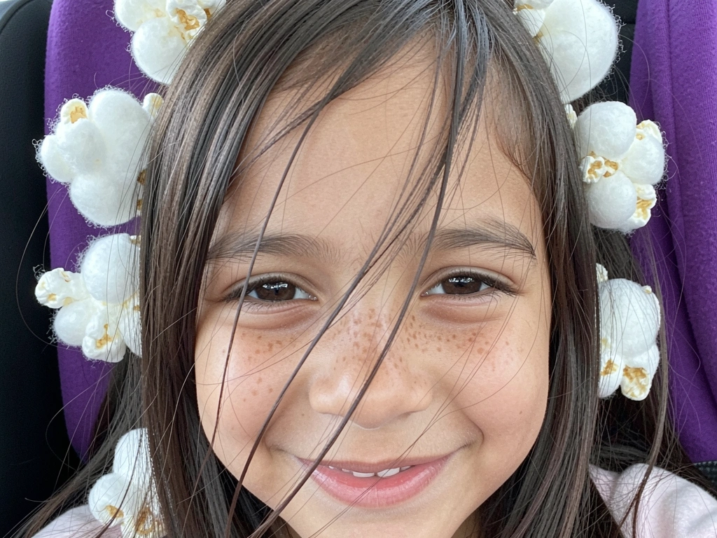 Cabelo infantil com bolas de algodão brancas presas em grampos, simulando pipoca.