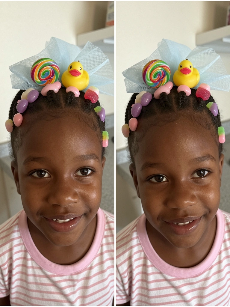 Penteado infantil com bolas coloridas simulando sorvete, em fundo claro.