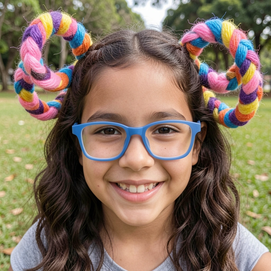 Criança com cabelo preso em tranças que se espalham como tentáculos de polvo, em fundo claro.