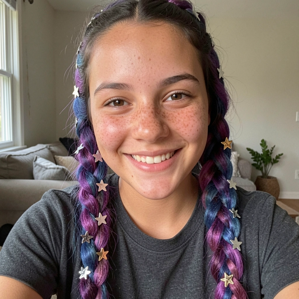 Cabelo com efeito galáxia e enfeites de estrela em criança.