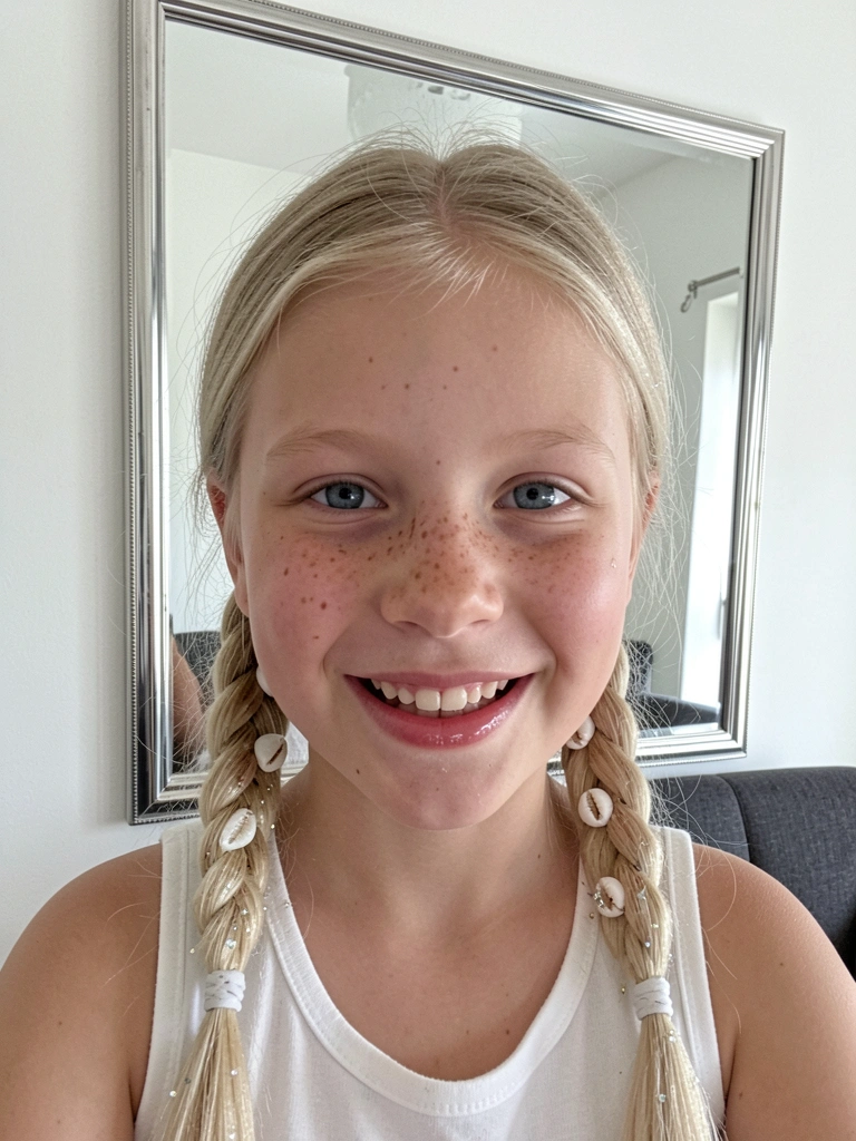 Cabelo infantil com tranças decoradas por pequenas conchas e glitter prateado.