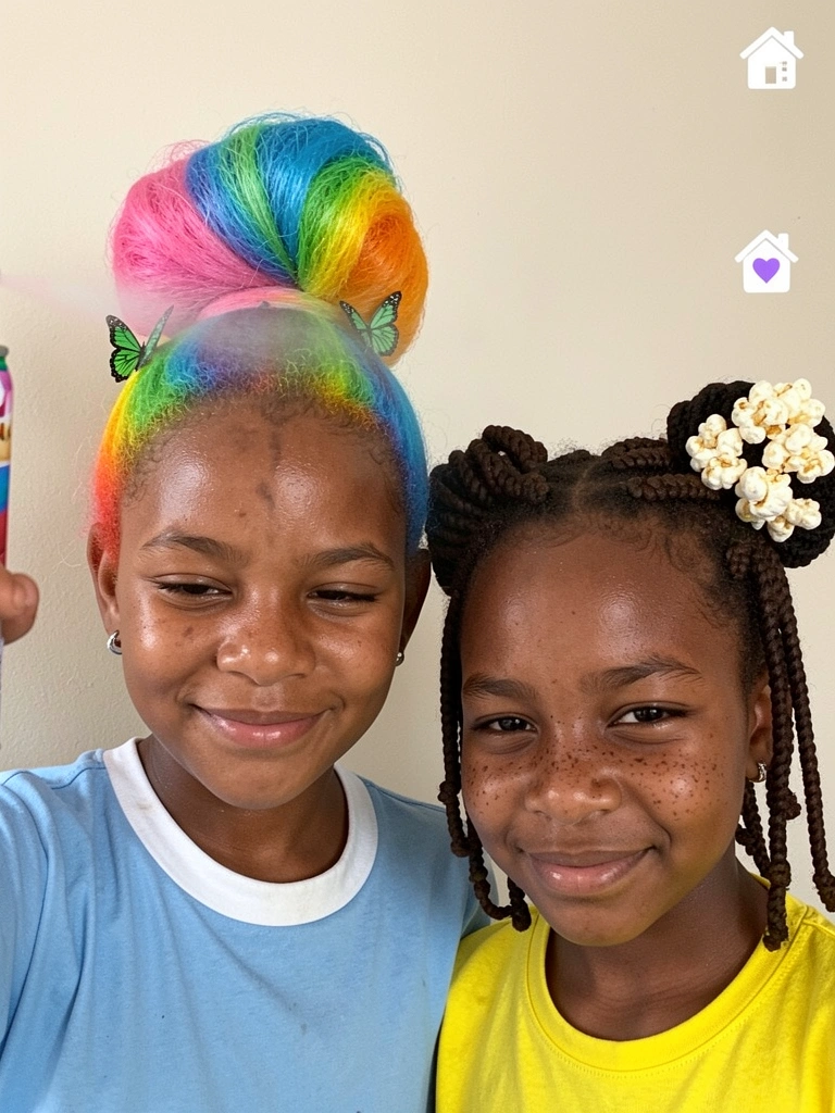 Spray colorido sendo aplicado em cabelo infantil, com pigmentos vermelhos e azuis no ar.