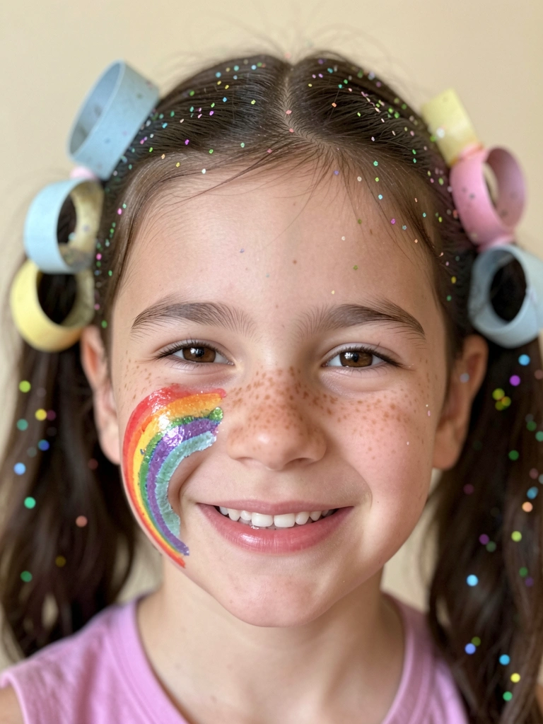 Enfeites de cabelo feitos com rolinhos de papel reciclado, coloridos e presos em um elástico.