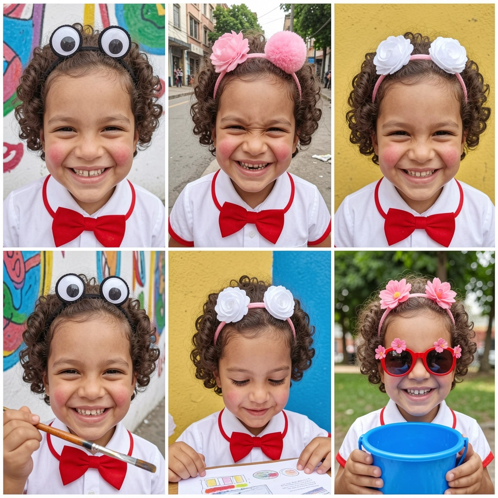 Mãos penteando cabelo de criança com grampos coloridos.