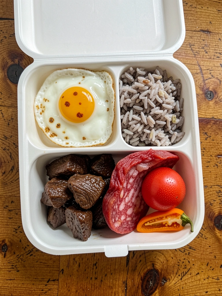 Marmita aberta com arroz, feijão, legumes e carne sobre mesa de madeira, vista superior.