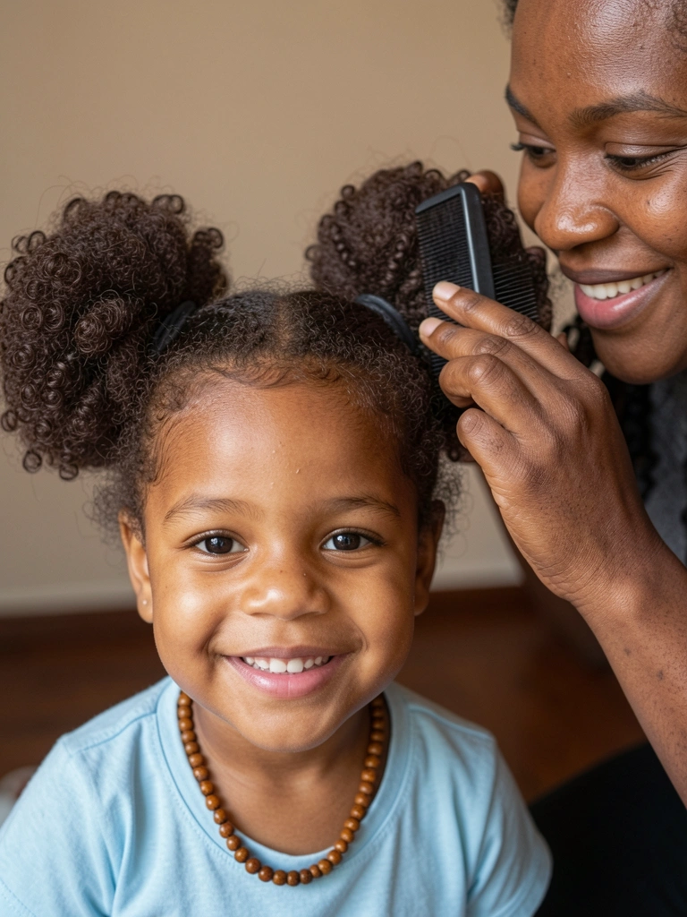 Mãe sorrindo penteia cabelo cacheado de criança com carinho.
