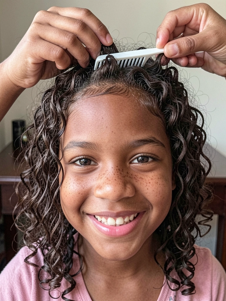 Mãos adultas desembaraçando cabelo cacheado infantil com pente garfo.