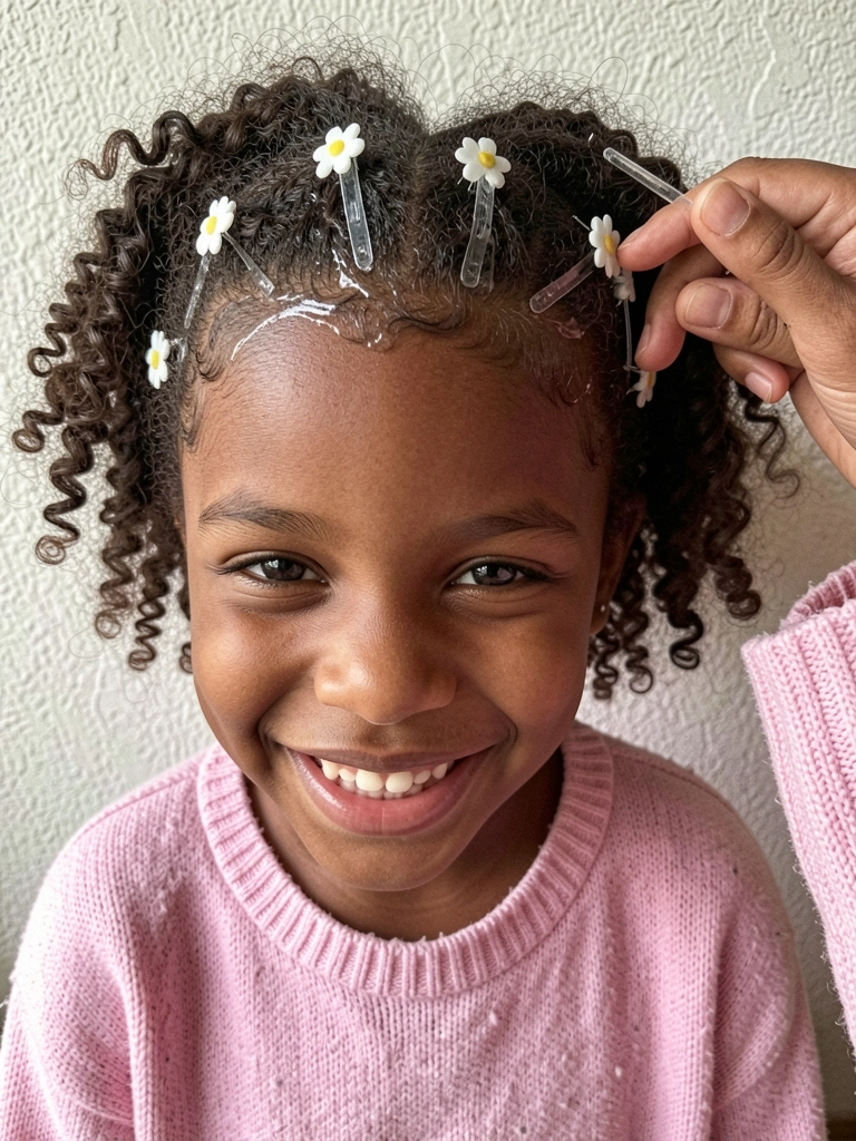 Mãos aplicando gelatina nos baby hairs de uma criança de cabelo cacheado.