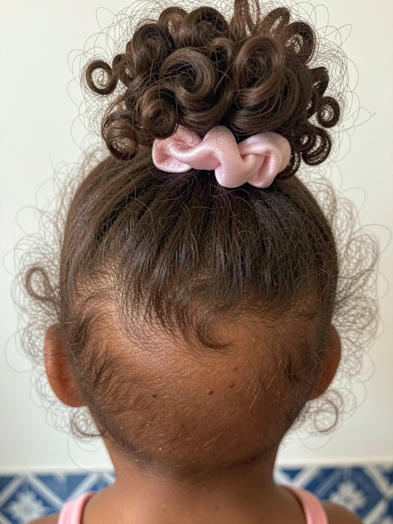 Cabelo cacheado infantil preso em coque abacaxi com scrunchie de cetim rosa.