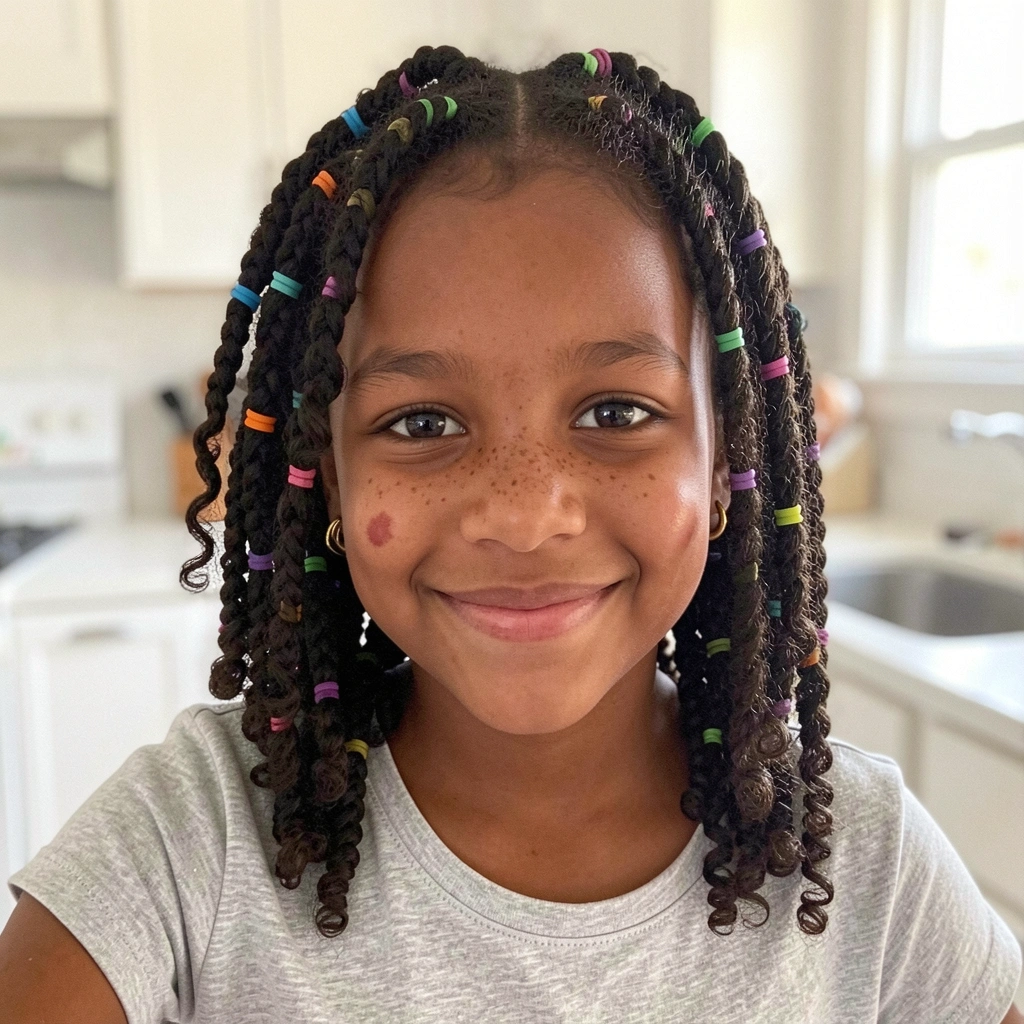 Criança com tranças laterais e elásticos coloridos no cabelo cacheado.