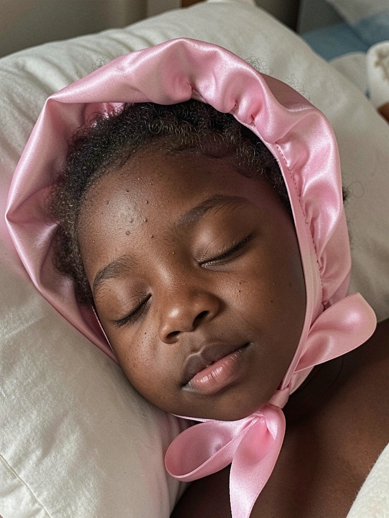 Criança com touca de cetim dormindo em cama, cabelos cacheados parcialmente cobertos.