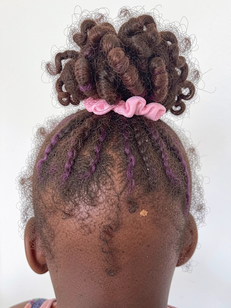 Criança com cabelo cacheado preso em coque abacaxi alto, deitada em travesseiro.