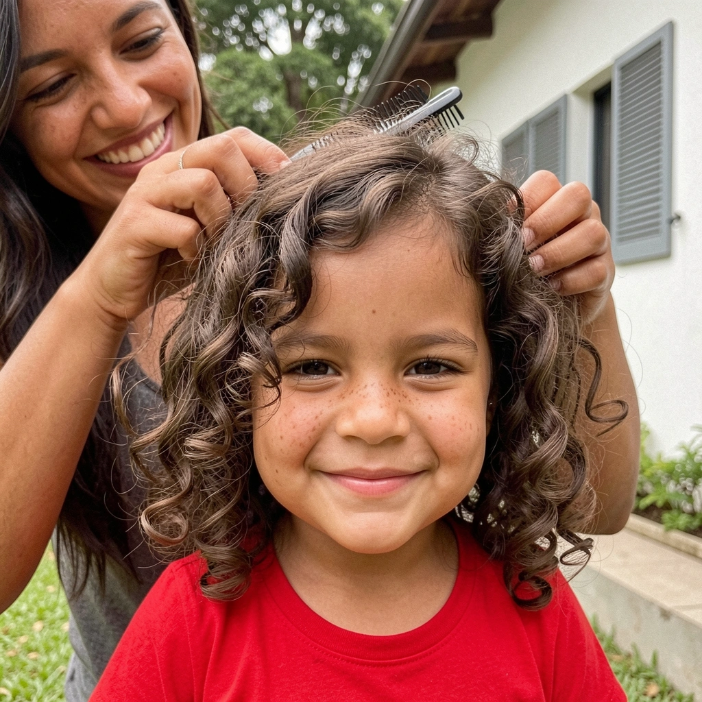 Mãe penteando cabelo cacheado de criança com carinho, ambas sorrindo.