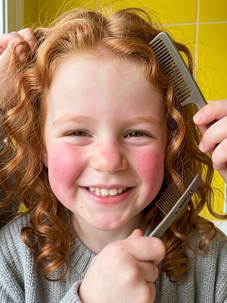 Mãos de adulto desembaraçando cabelo cacheado infantil com pente garfo.