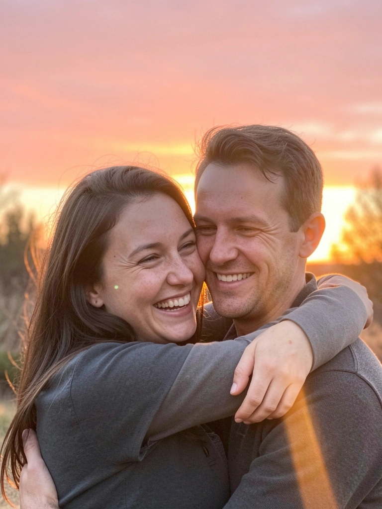 Casal abraçado em silhueta contra o pôr do sol alaranjado.