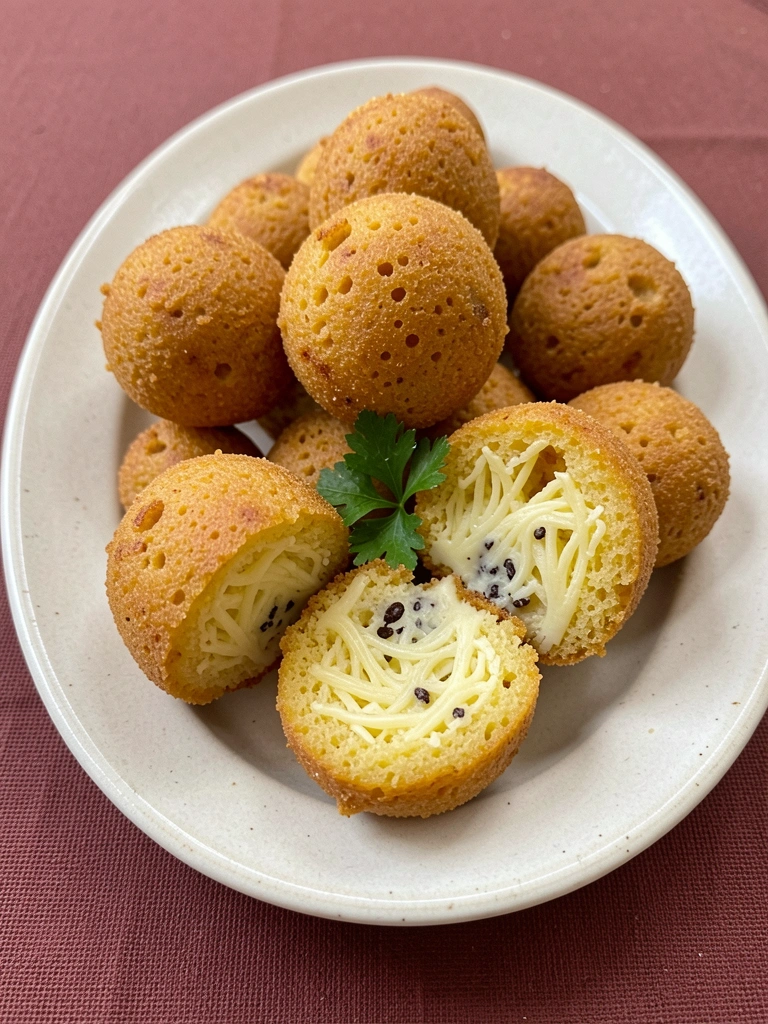 Bolinho de mandioca com queijo frito, dourado, em uma travessa de cerâmica.