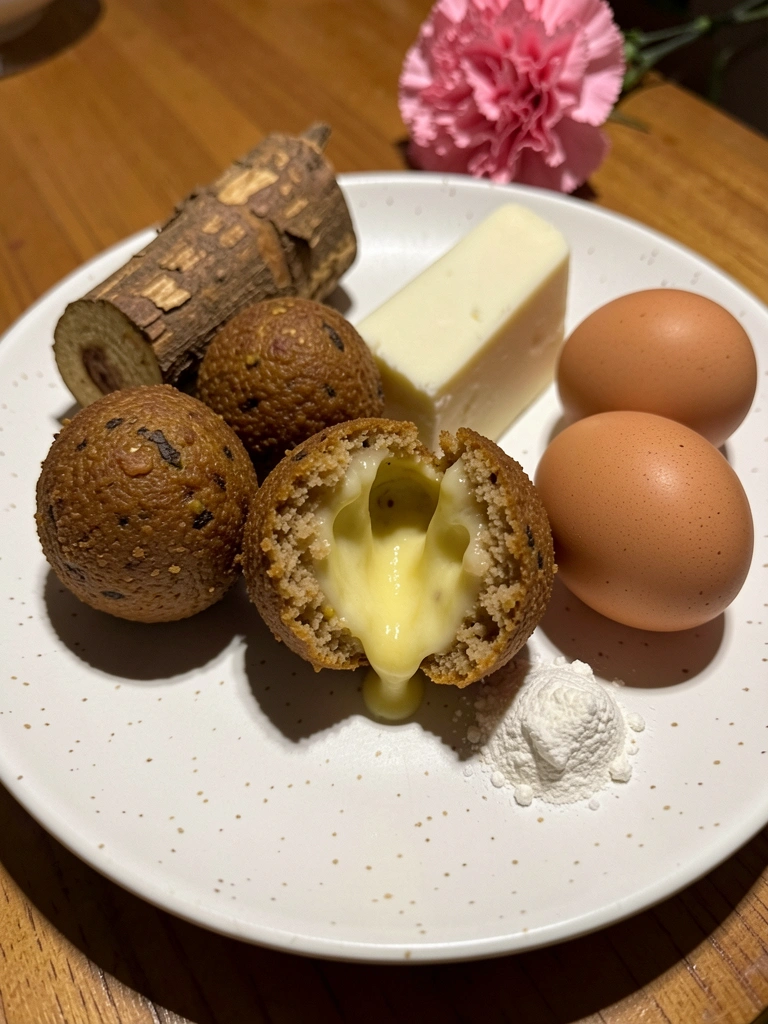 Mandioca, queijo, farinha e ovos dispostos sobre uma mesa de madeira.