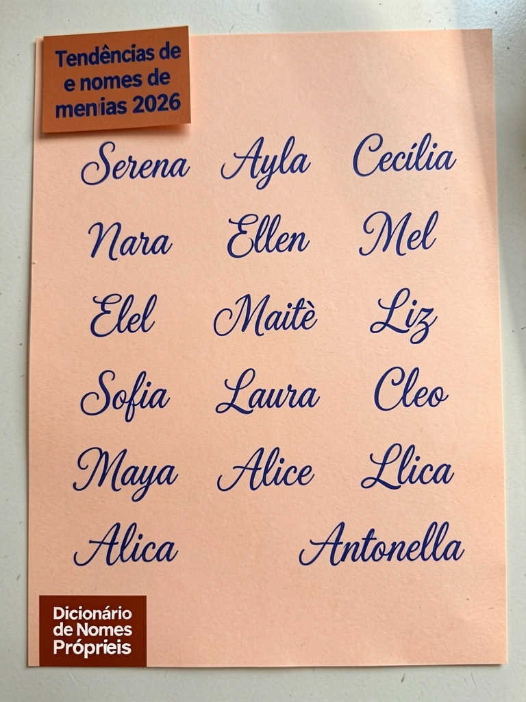 Colagem de nomes femininos em letras cursivas sobre fundo pastel.