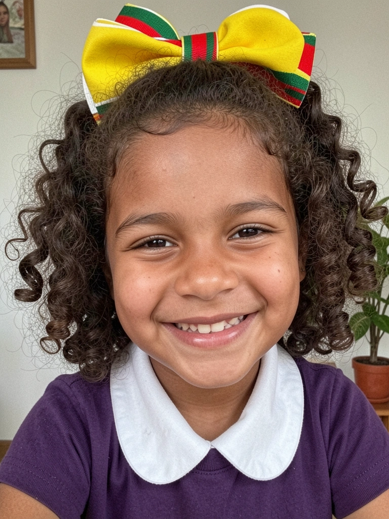 Criança com cabelo cacheado sorrindo, usando acessórios juninos como chapéu de palha e fitas coloridas.