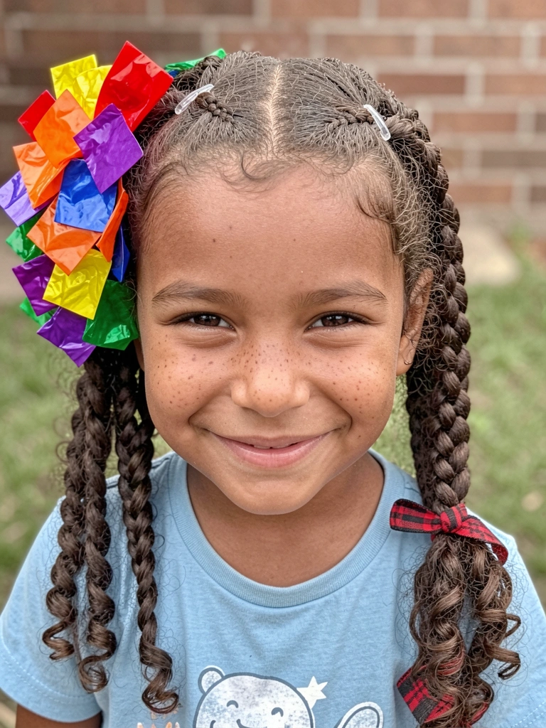 Menina com cabelos cacheados, trança adornada com fitas coloridas, sorrindo.