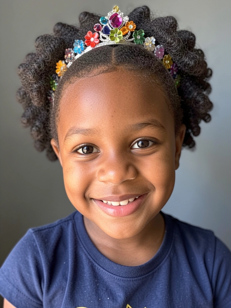 Criança de cabelo cacheado curto usando tiara decorada com flores e laços.