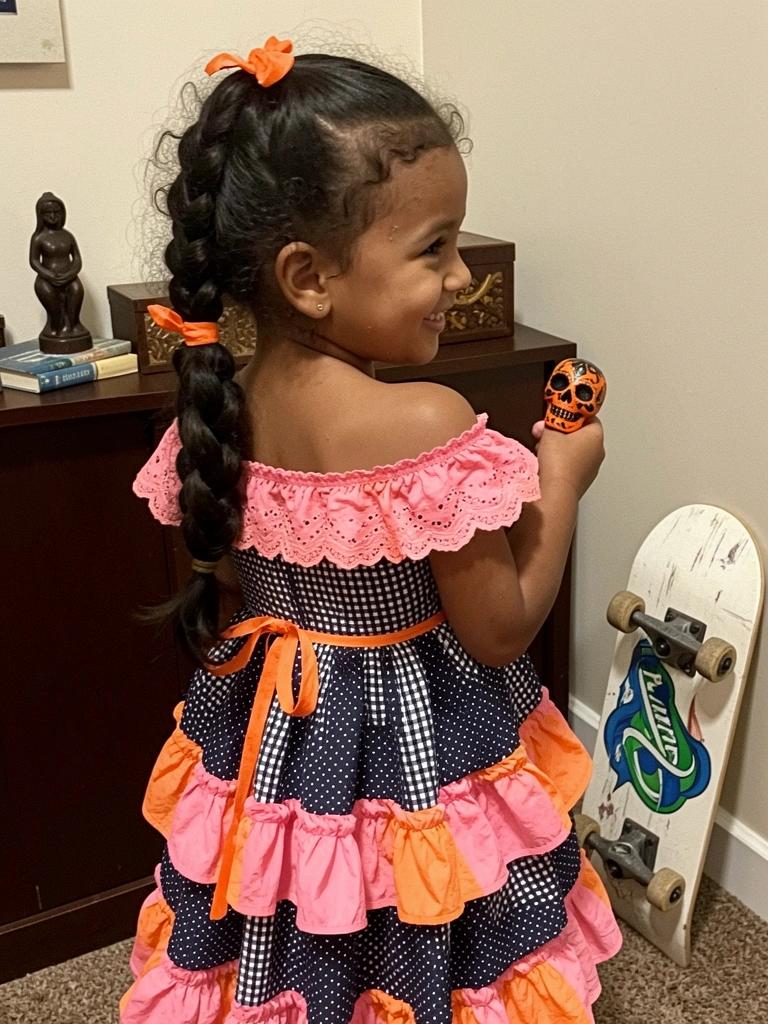 Menina com cabelo cacheado longo e trança lateral, sorrindo levemente.