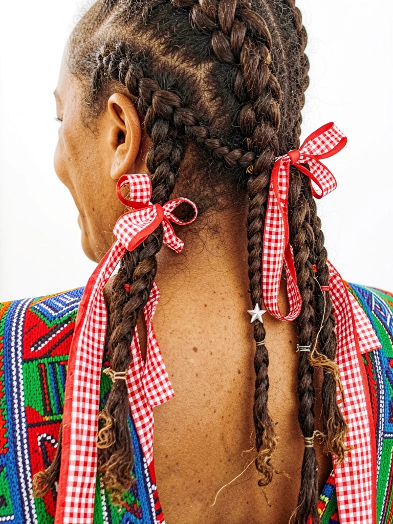 Cabelo cacheado infantil com trança embutida e fita xadrez vermelha e branca.