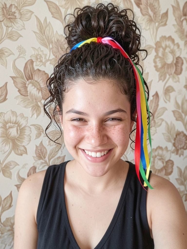 Coque alto estilo maria-chiquinha em cabelo cacheado volumoso, preso com elástico.