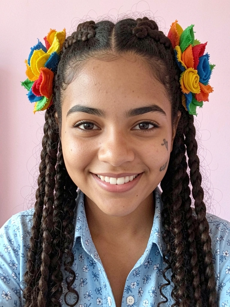 Criança com cabelo cacheado semipreso lateralmente, decorado com flores artificiais coloridas.